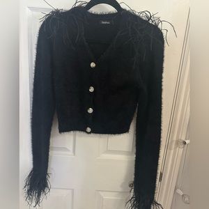 Boohoo Fuzzy Button Down Sweater with Fringe Sleeve